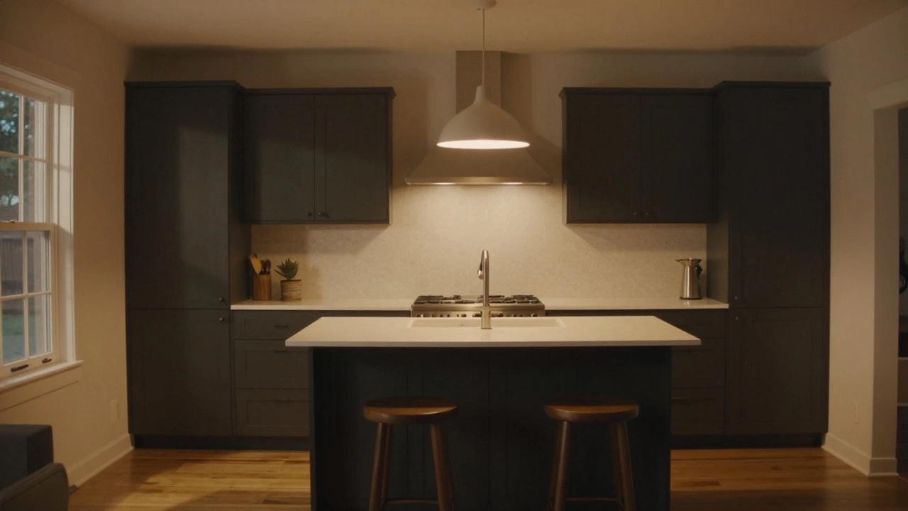 Evening kitchen with dark cabinets, light floors, and warm pendant light over island, radiating quiet elegance.