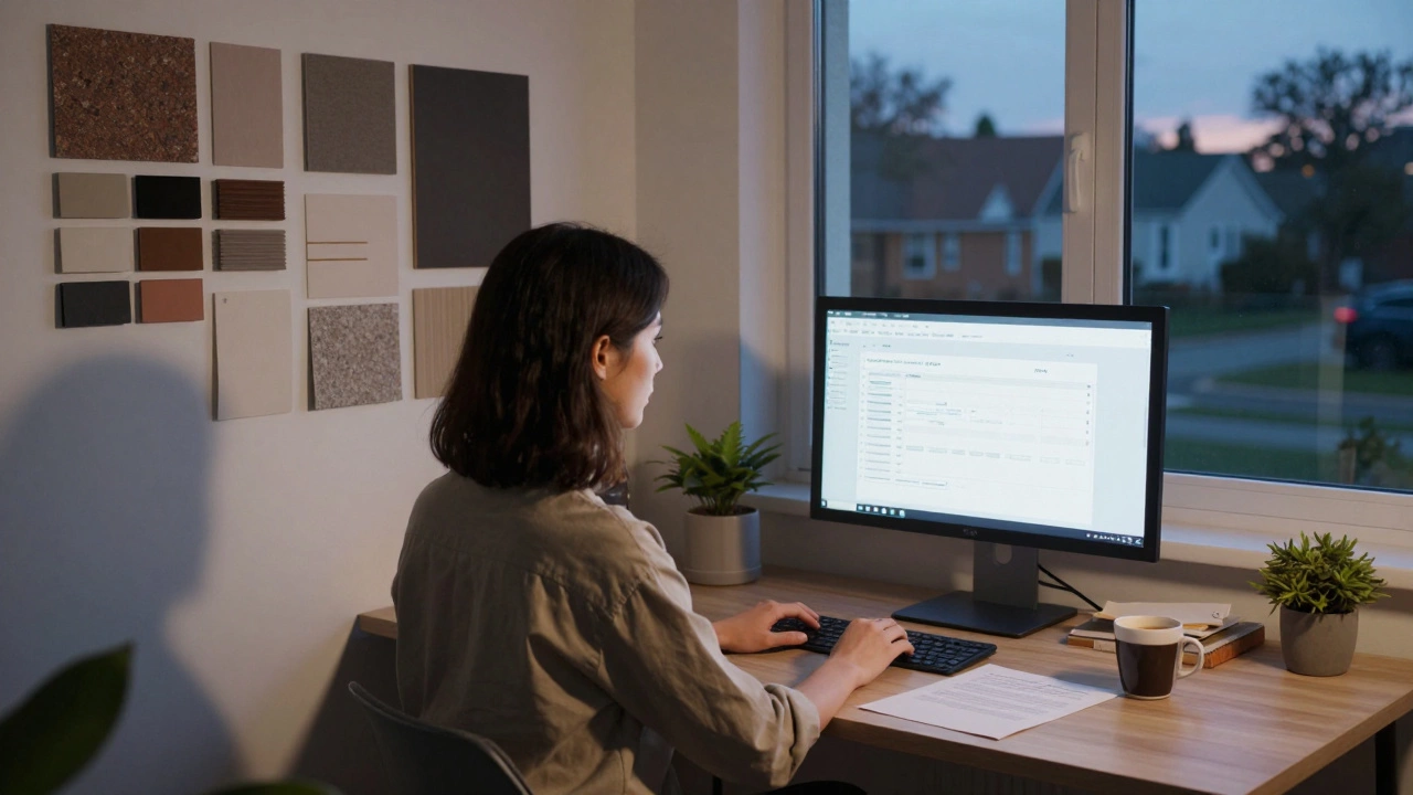 Freelance designer working at home office at dusk with mood boards and signed contract visible.