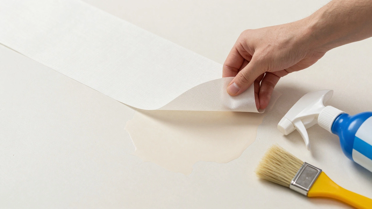 Hand peeling modern wallpaper cleanly off wall, revealing intact primer layer underneath.