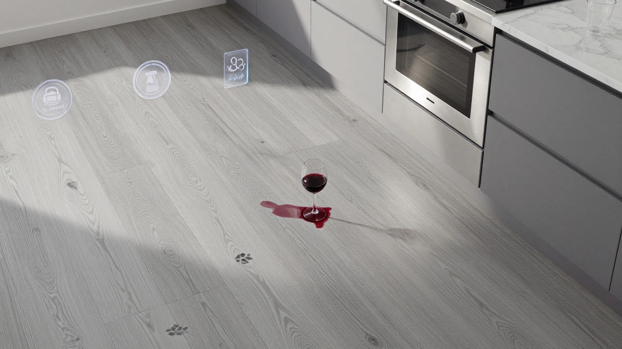 Kitchen with grey LVP flooring and a clean spill, showing durability and water resistance