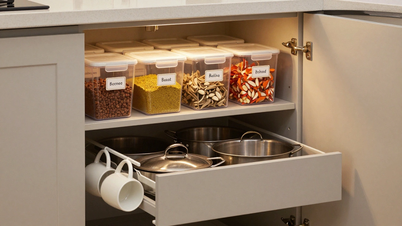 Labeled clear bins on shelf risers inside a kitchen cabinet, with hanging mugs and pull-out drawers for efficient use of space.