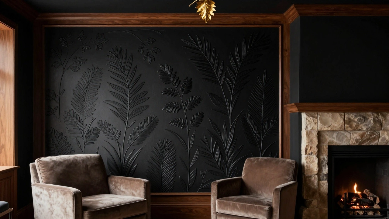 Matte black accent wall with embossed botanical design and gold foil detail in a luxurious setting.