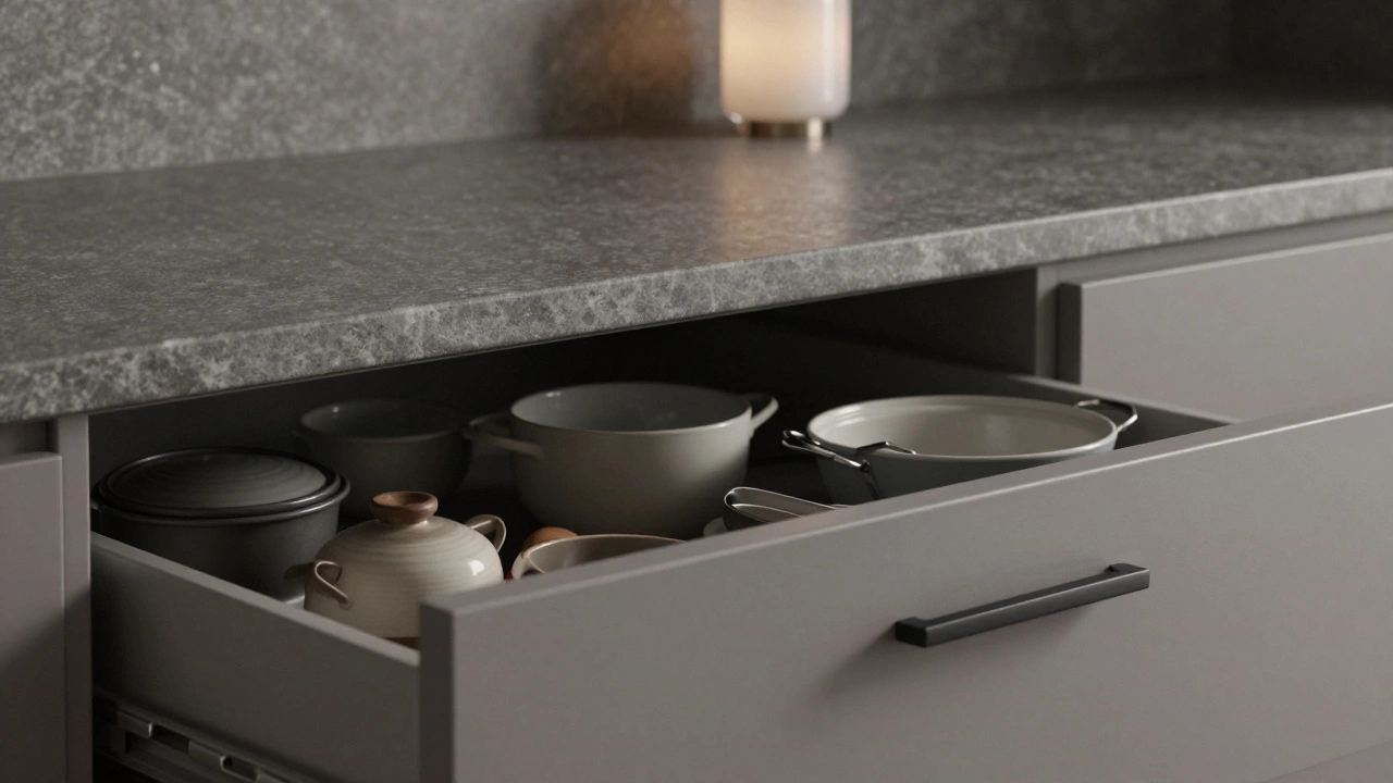 Matte black drawer pull opening to reveal organized cookware with seamless soapstone backsplash.