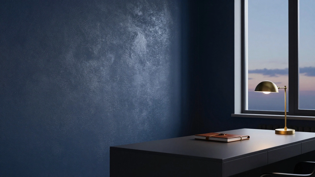 Midnight blue wall with subtle metallic threads in a quiet home office at twilight.