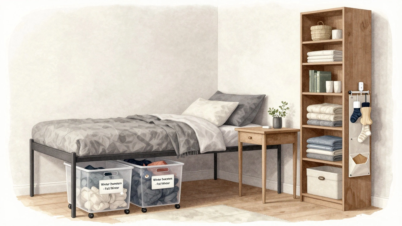 Murphy bed folded up to reveal a desk, with tall bookshelf and labeled under-bed bins in a compact bedroom.