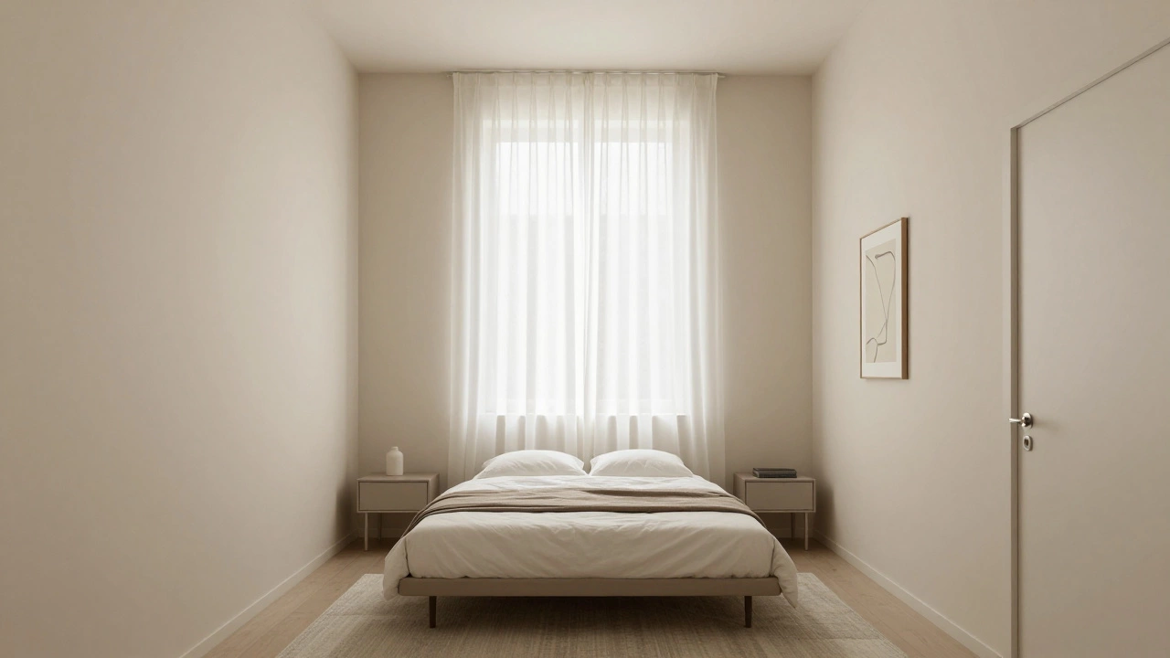 Overhead view of a minimalist small bedroom with neat bedding, floor-to-ceiling curtains, and a grounded rug for calm elegance.