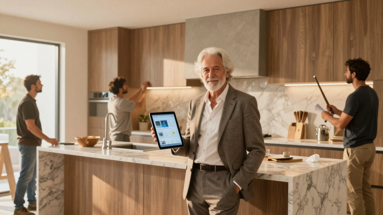 Senior designer in a luxury kitchen renovation, holding a tablet as contractors install custom cabinetry.