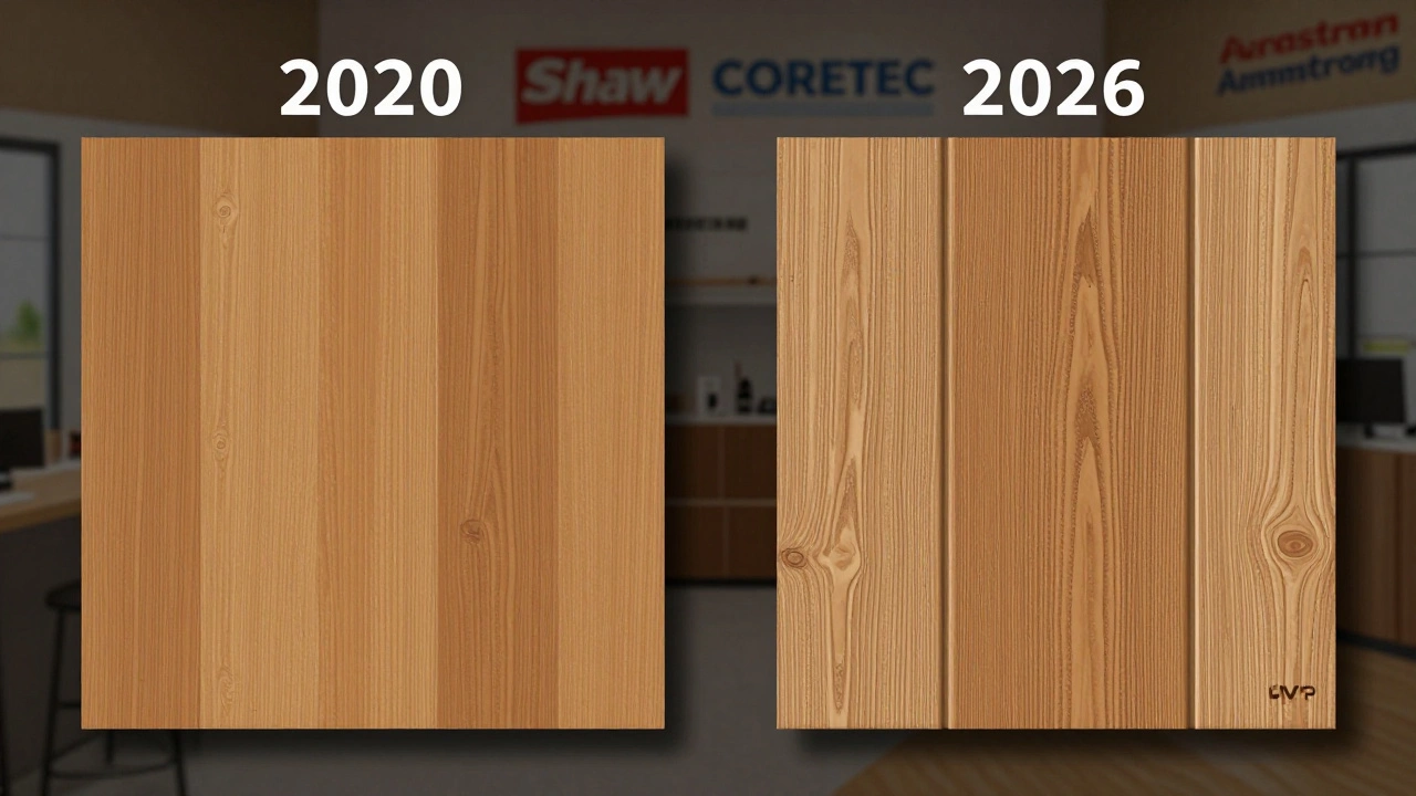 Side-by-side comparison of old glossy LVP versus modern realistic wood-look vinyl