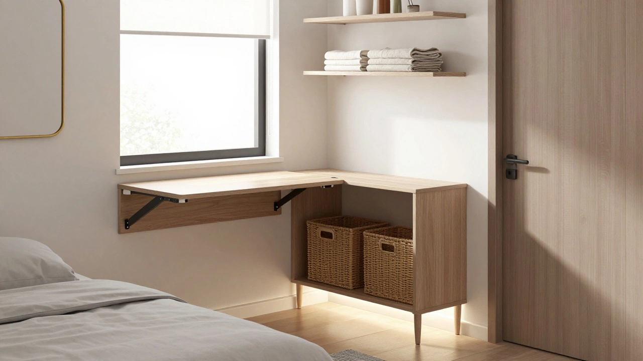 Smart small bedroom with wall-mounted desk, floating shelves, and a console table hiding storage, lit by warm ambient light.