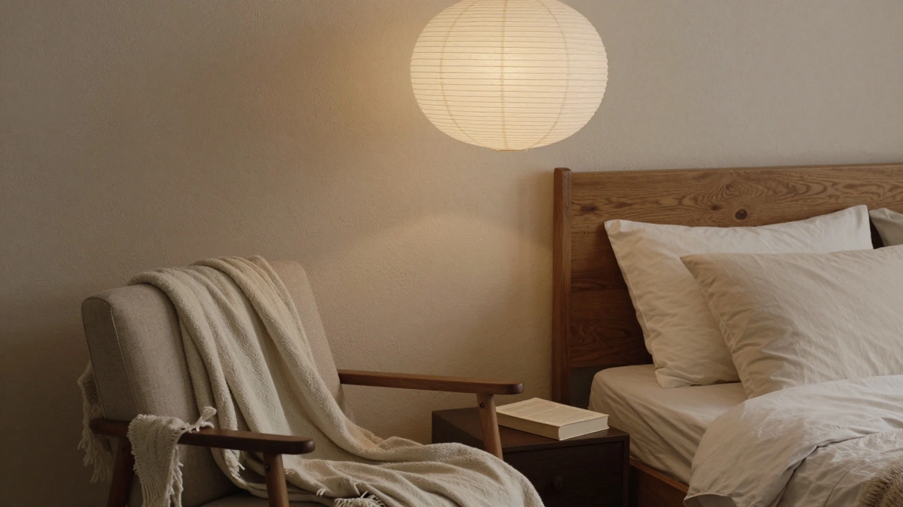 A bedroom corner with a wooden bed, handwoven lantern, and faded blanket in warm neutral tones.