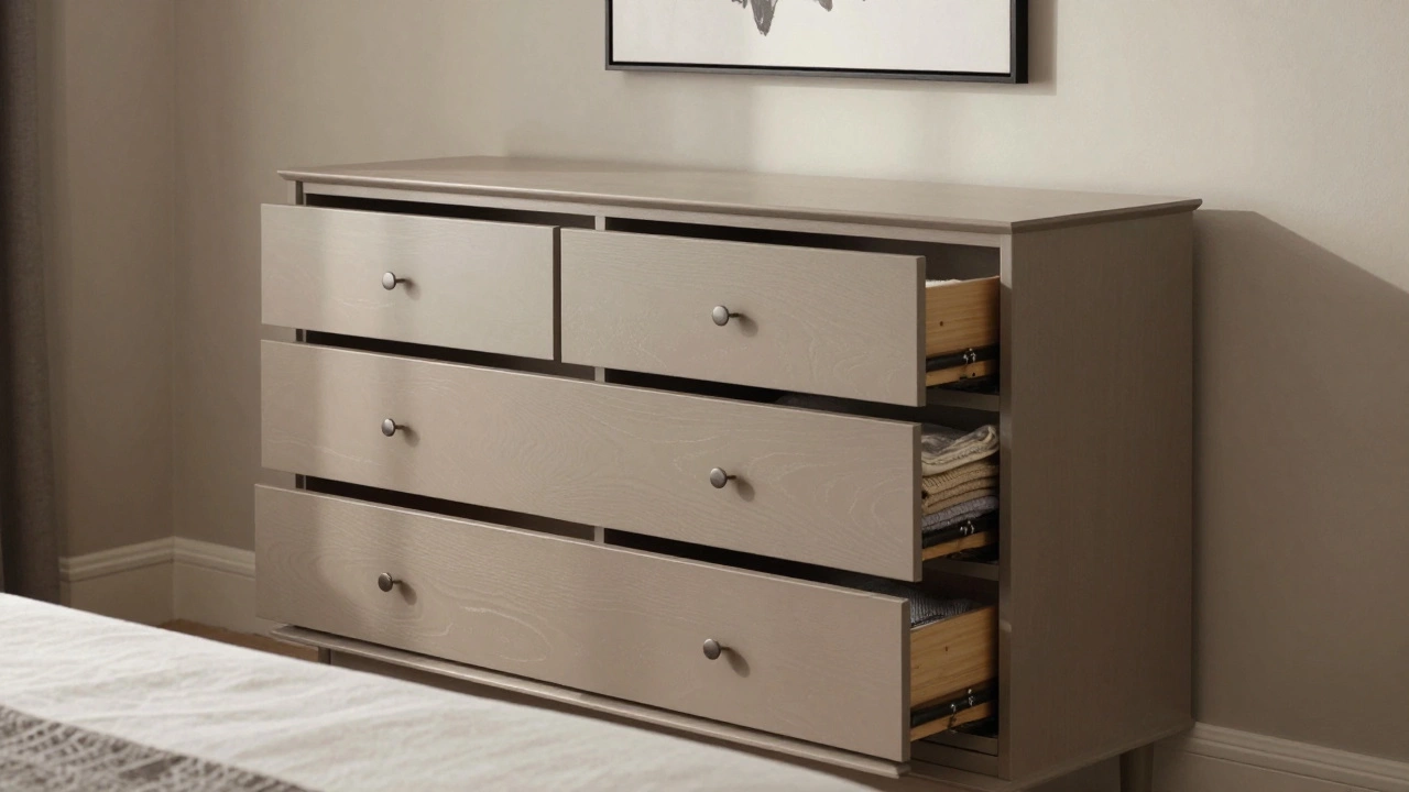 A four-drawer dresser in matte finish with a drawer partially open, showing folded clothes and wall art above.