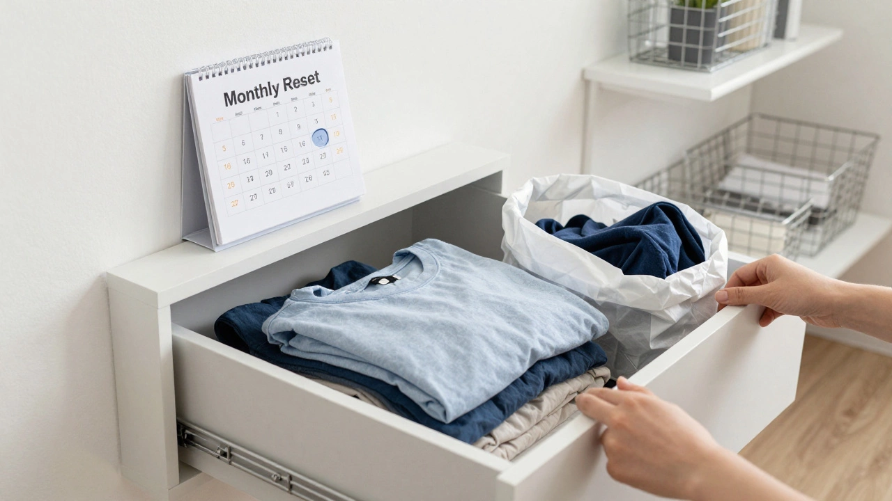 A hand placing a new shirt into a drawer while an old one goes into a donation bag, symbolizing the one-in, one-out habit.