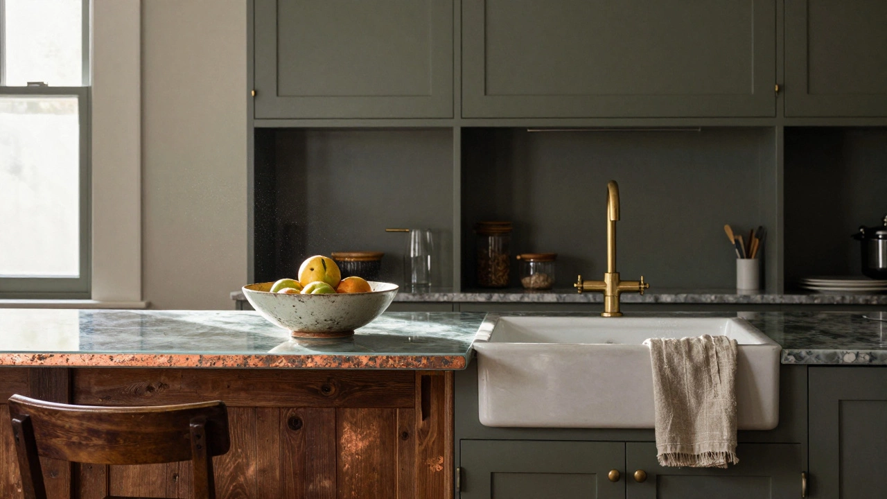 A kitchen with sage cabinets, copper-flecked countertops, and a farmhouse sink bathed in sunlight.