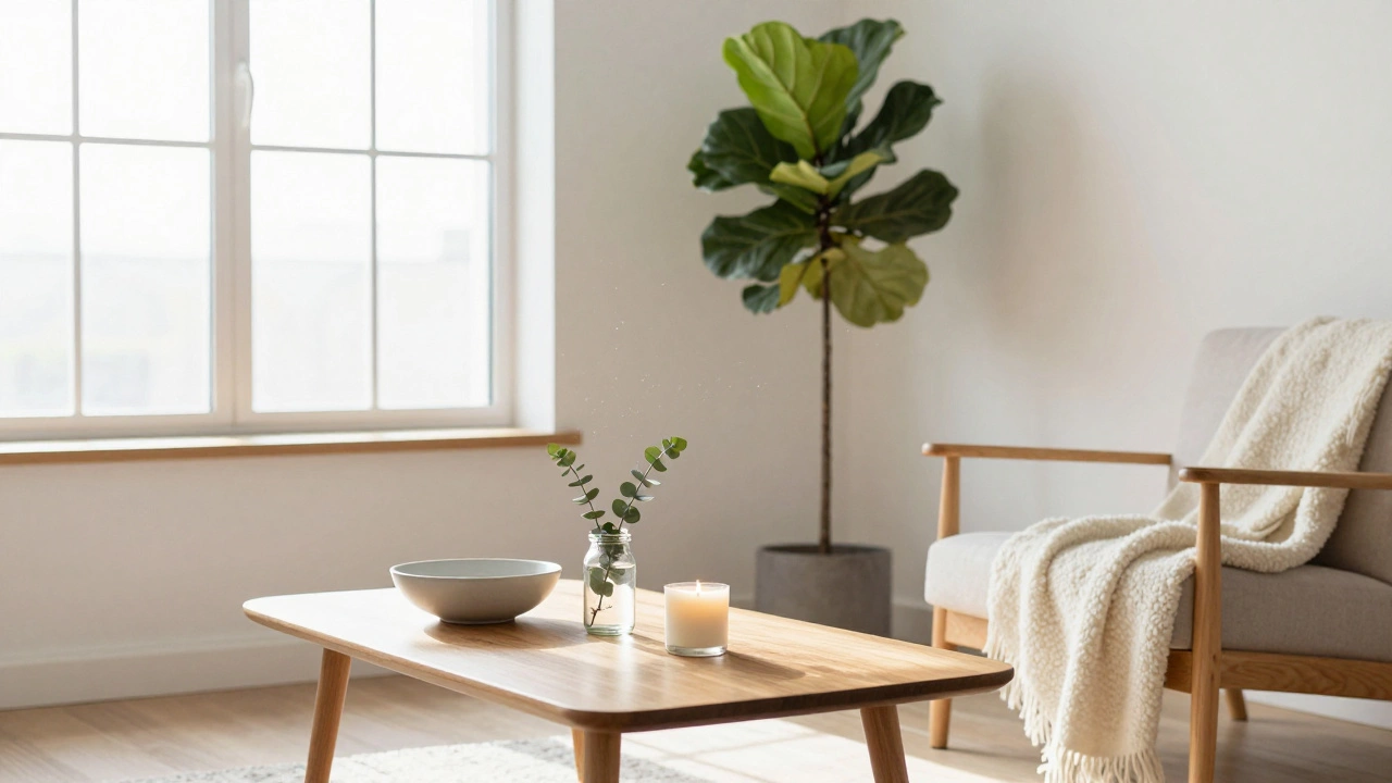 A minimalist living room with natural light, a tall plant, and just three thoughtful objects in a calm, open space.