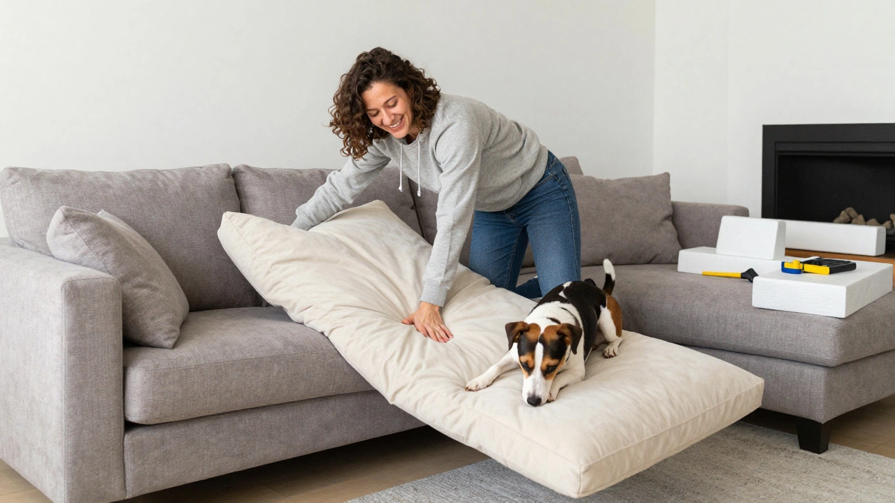 A person installing new cushions on a sectional sofa as their dog rests on it.