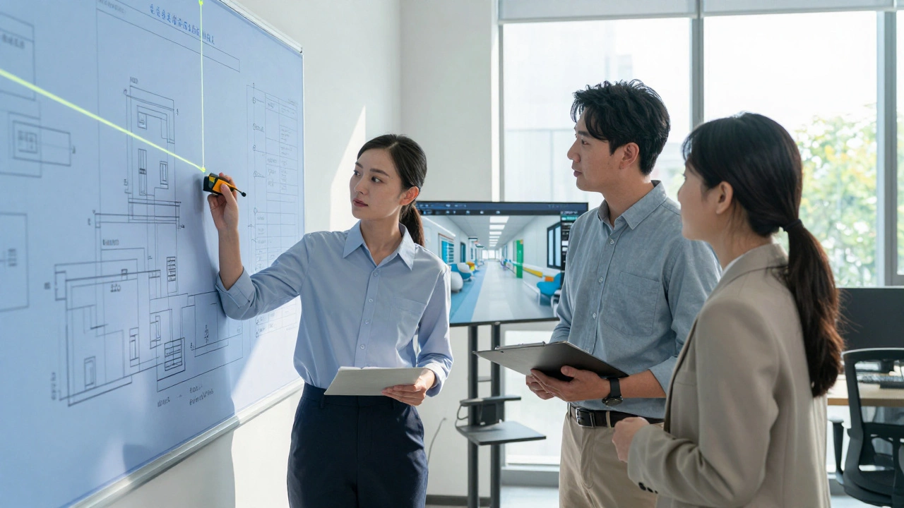 A professional designer consulting on a commercial project with blueprints and digital renderings.