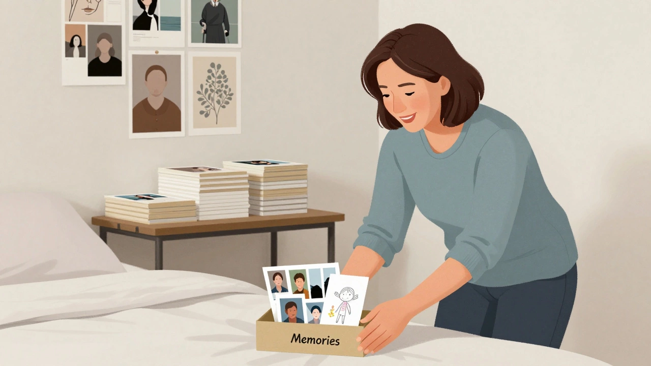 A woman placing cherished memories in a small box under her bed, while digitized artwork is displayed on the wall nearby.