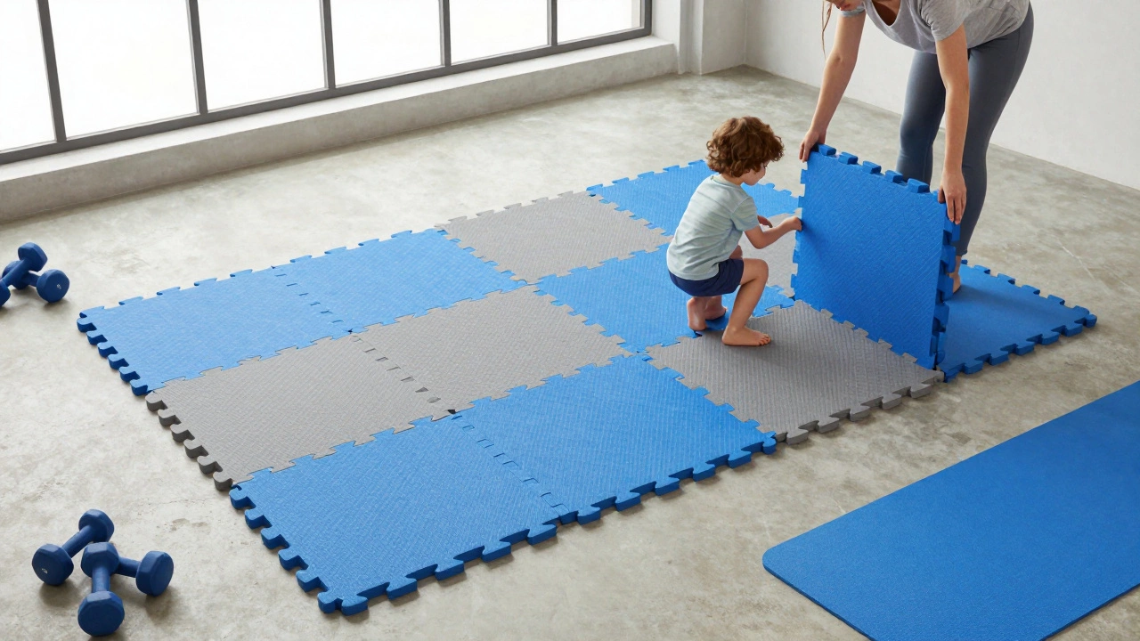 Colorful foam tiles in a home gym with a child playing on the soft surface.
