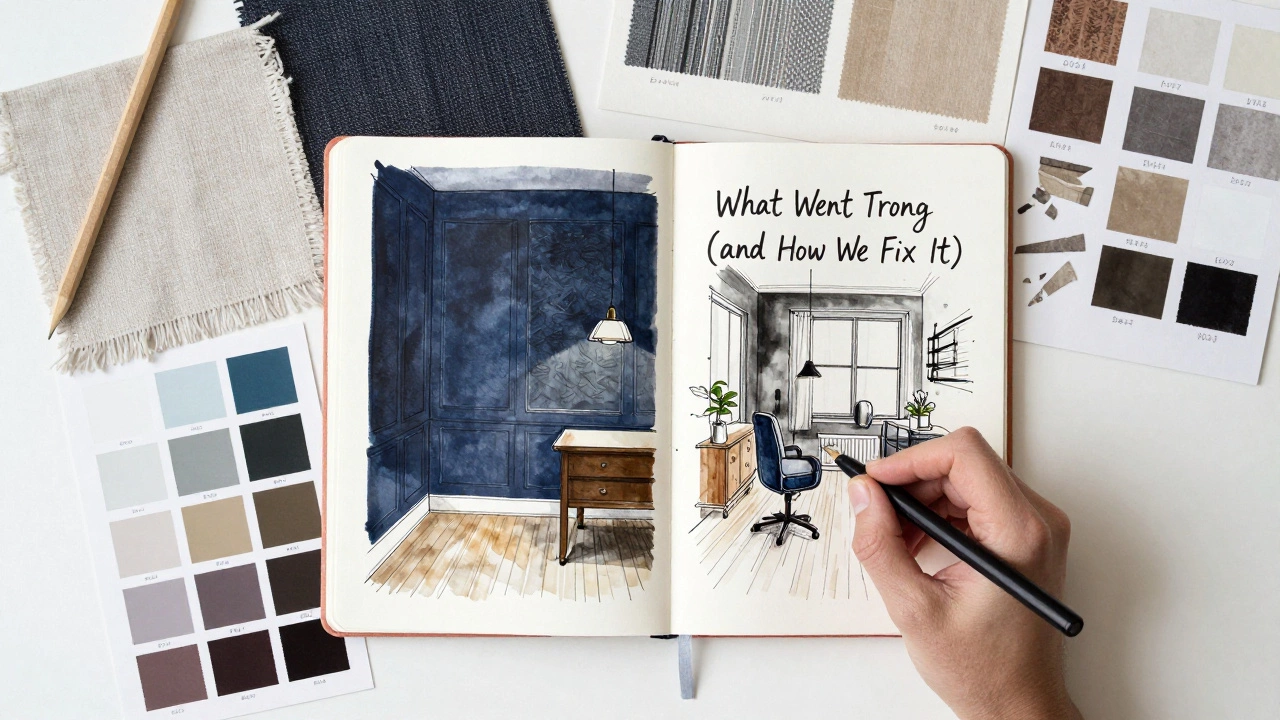 Designer's cluttered workspace with notebook documenting design challenges and solutions, filled with swatches and sketches.