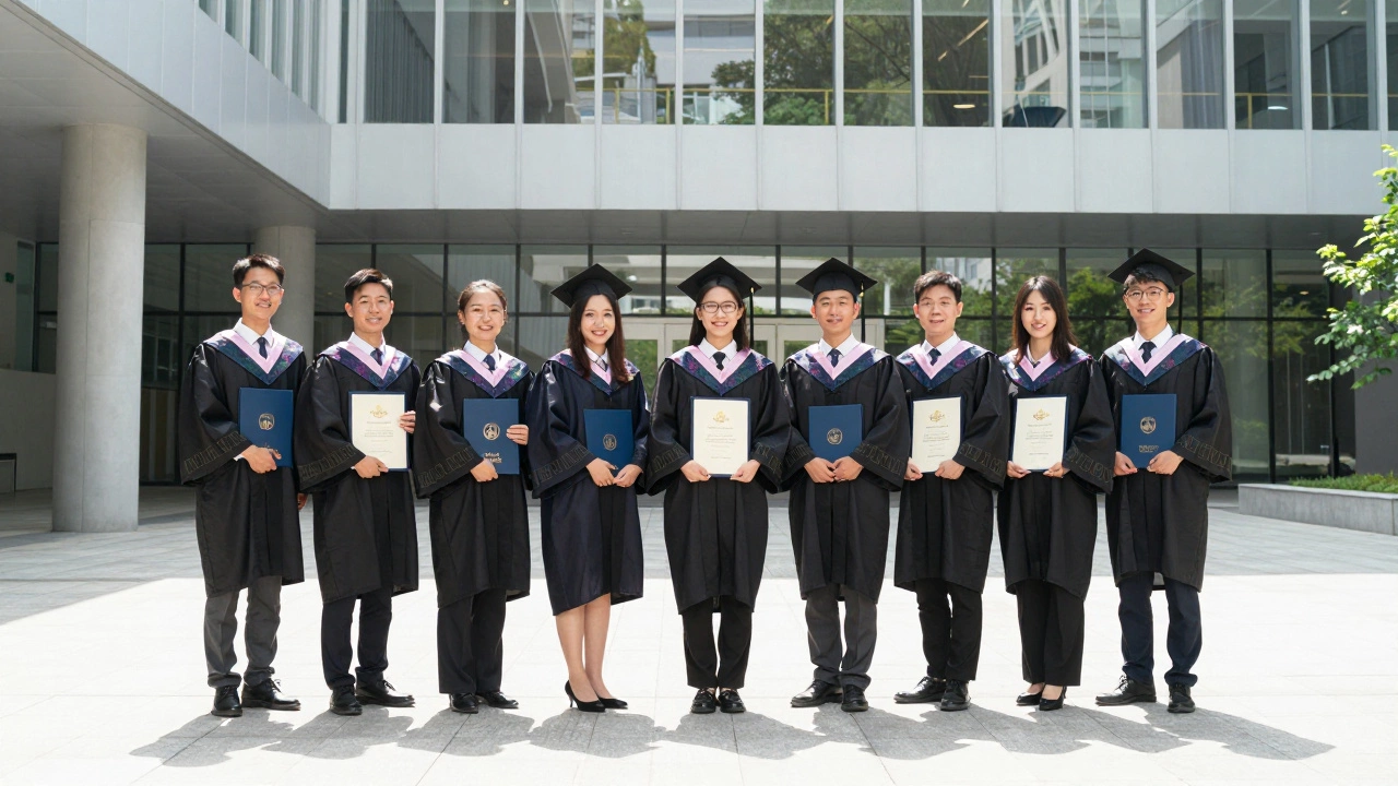 Graduates holding portfolios and certifications in front of a modern building, symbolizing career achievement.