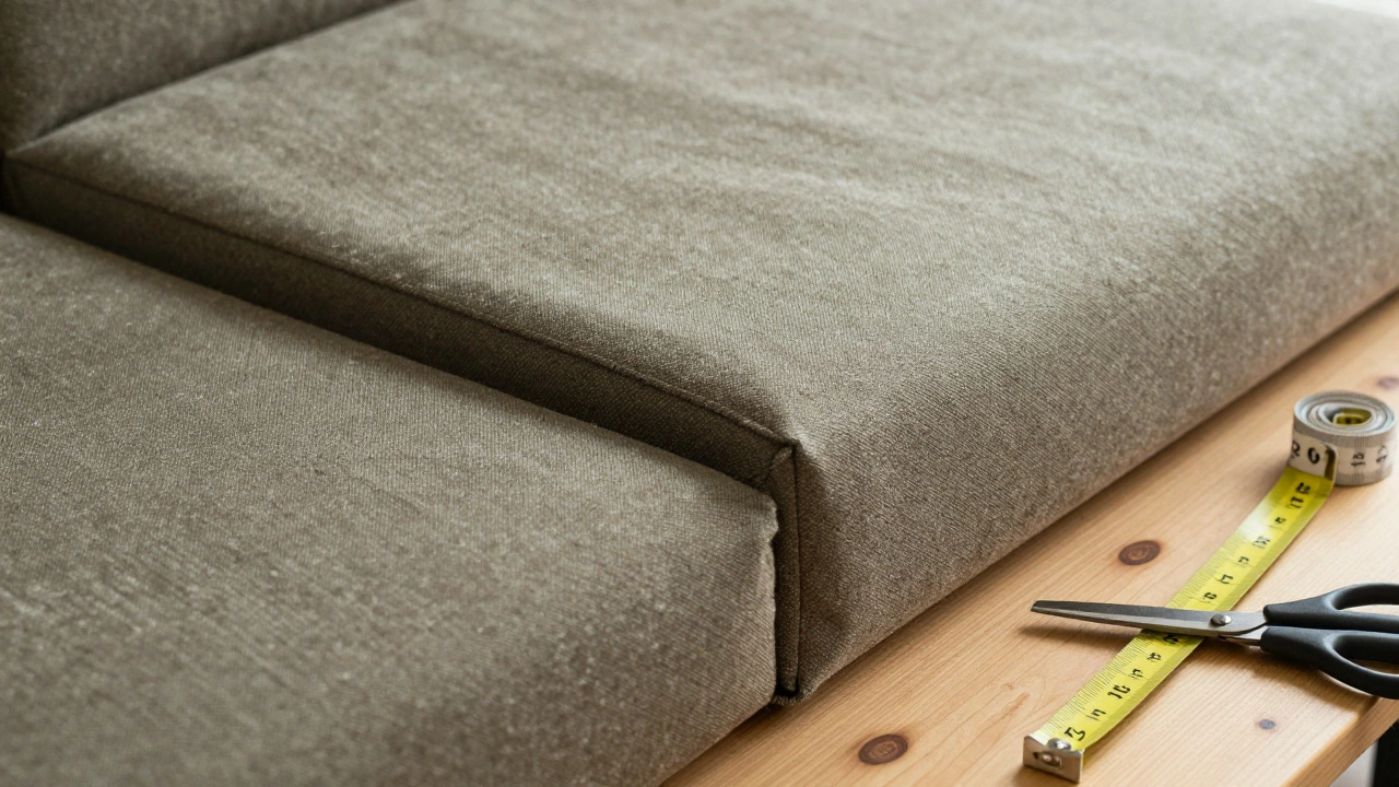High-density foam wrapped in fabric, being prepared for a sofa cushion replacement.