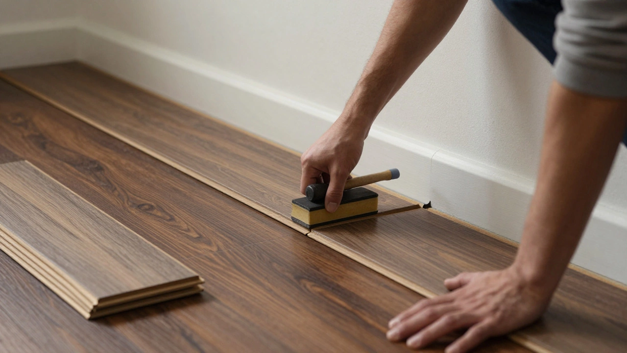 Someone installing luxury vinyl plank flooring using a tapping block and rubber mallet.