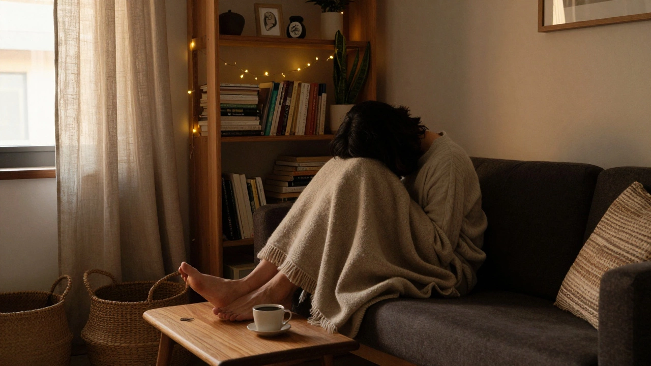 Someone relaxed on a sofa with a throw blanket, surrounded by personal items and soft fairy lights from a bookshelf.