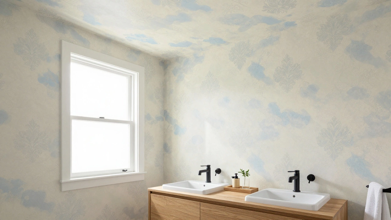 A bathroom ceiling adorned with a soft cloud-patterned wallpaper, enhancing a serene, spa-like ambiance.