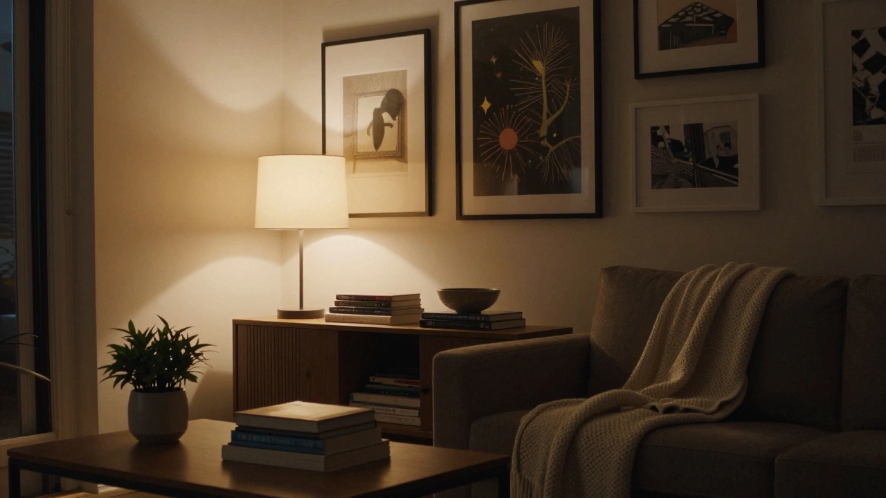 A cozy evening living room with art at eye level, warm lighting, and personal objects grouped neatly on a side table.