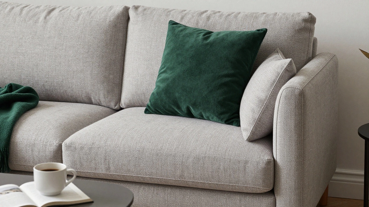 A cozy sofa corner with two cushions and one tucked into the armrest, an emerald accent cushion echoing a nearby throw.