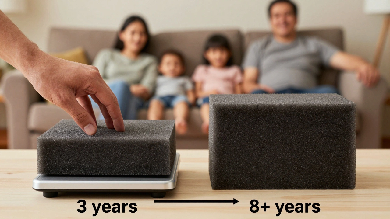 A hand holding two foam blocks of different densities with a timeline showing their expected lifespan.