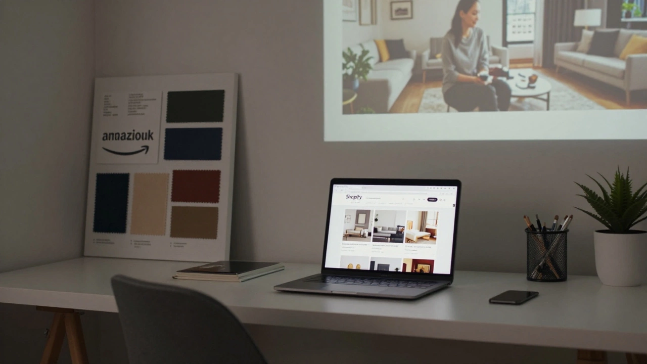 A hybrid interior designer working at a desk with a Shopify store displayed on laptop, beside mood boards and fabric samples.