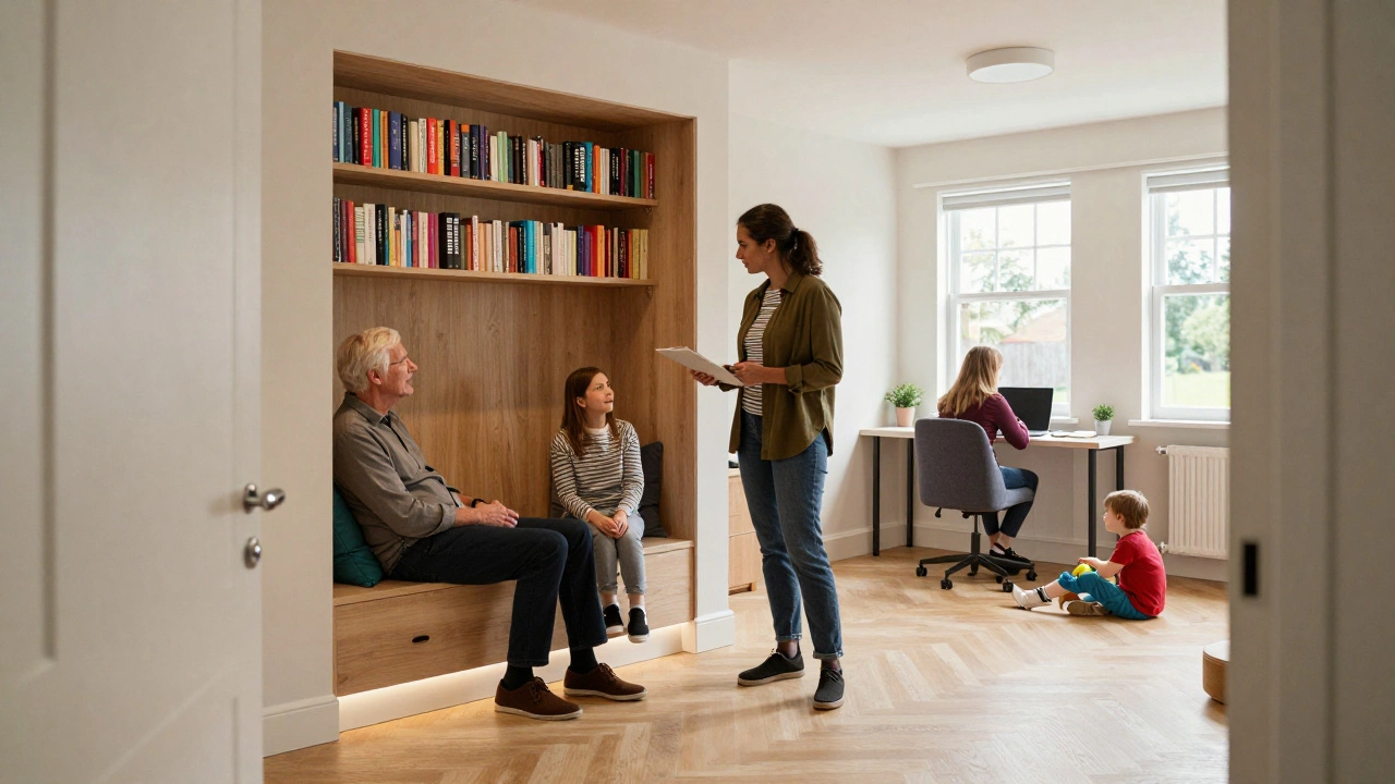 A multi-generational home interior designed for accessibility, with reading nook, home office, and play area harmoniously integrated.