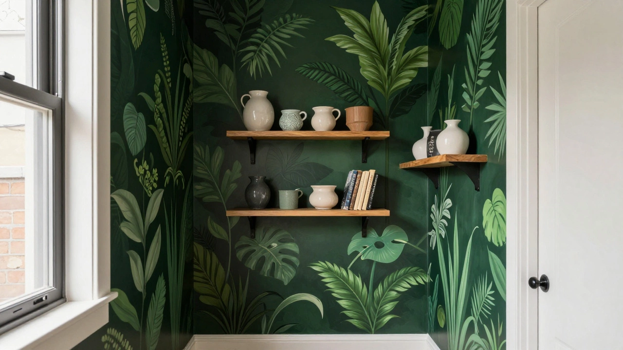 A narrow hallway with a dark green botanical mural and floating shelves, creating an art-like visual impact.