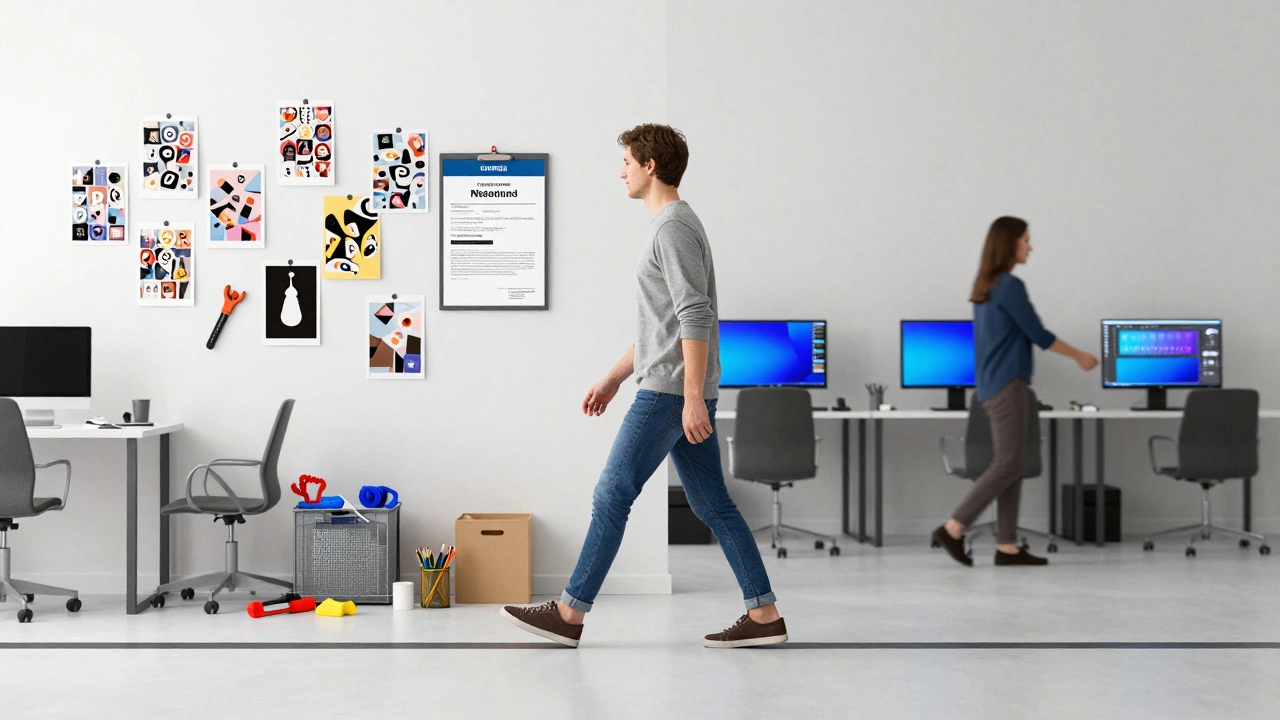 A person transitioning from a cluttered home workspace to a professional design studio with credentials visible.