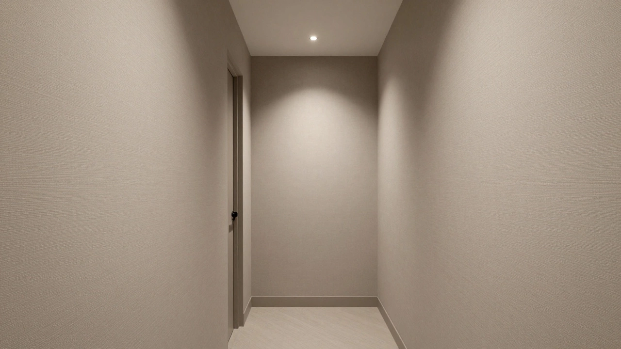 A seamless hallway with matte linen-look wallpaper, exuding quiet craftsmanship and refined simplicity.