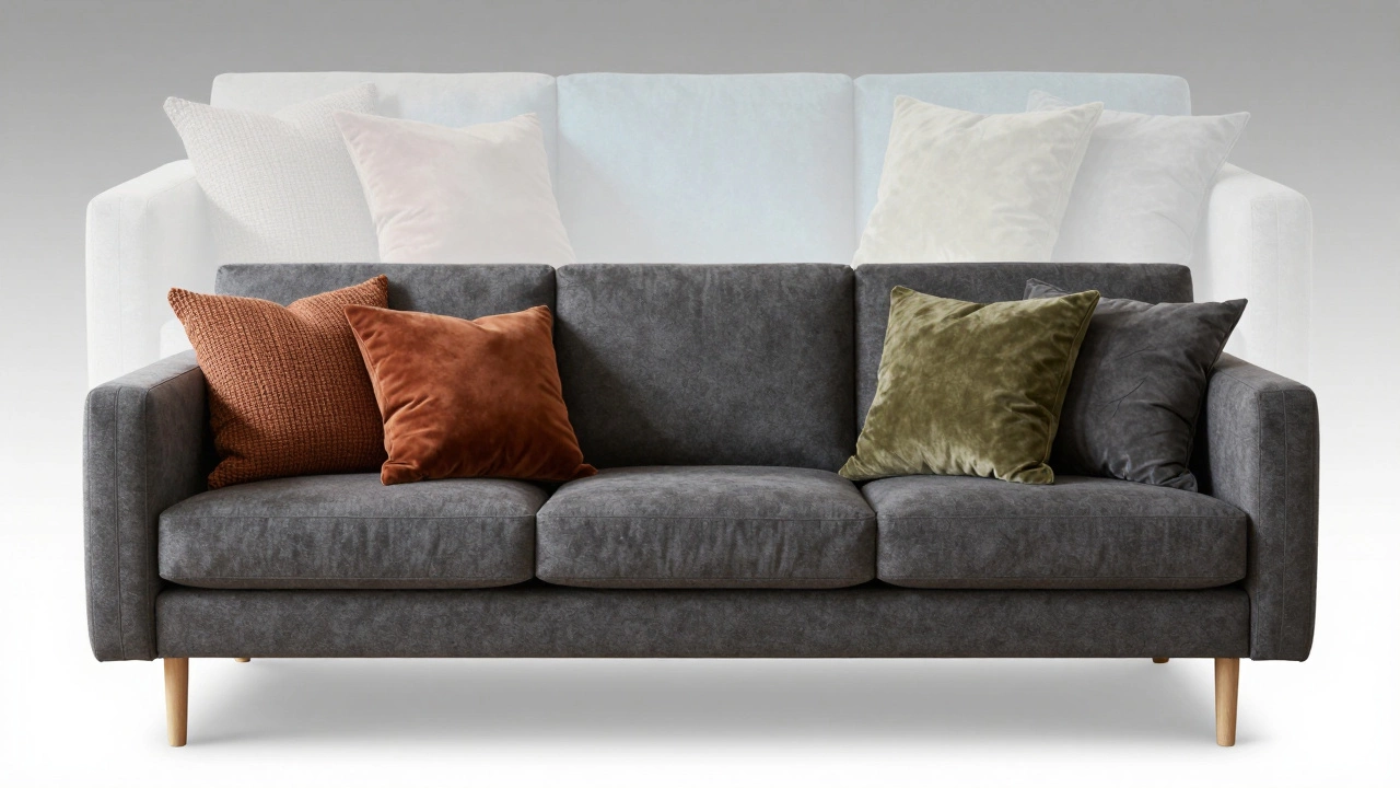 A sofa showing autumn-colored cushions with a subtle seasonal transition overlay to summer tones in the background.