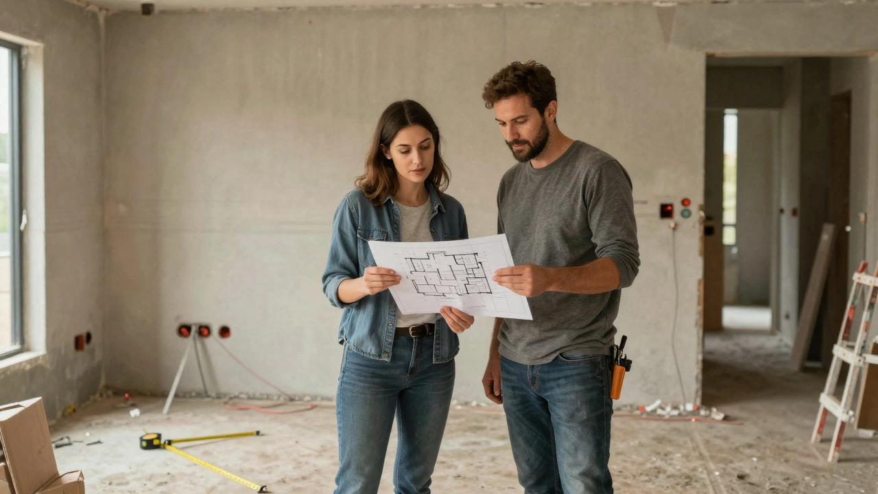 An interior designer and contractor examining floor plans at a construction site with tools nearby.