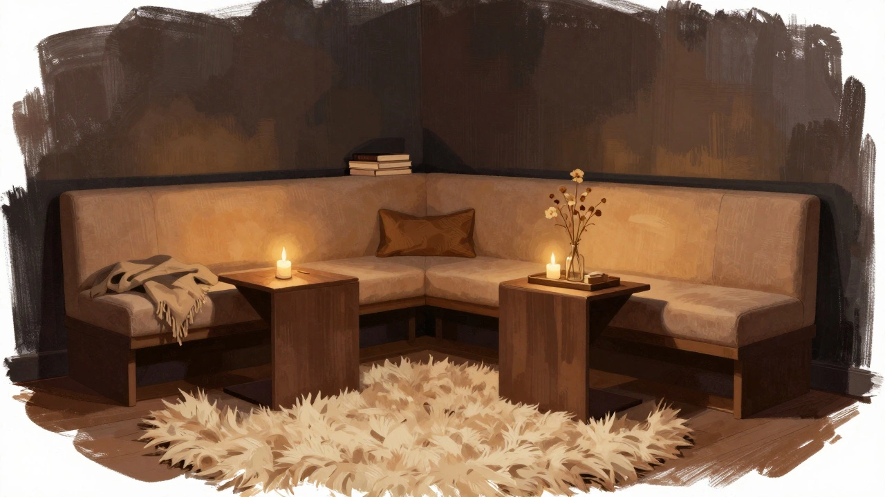 Cozy built-in bench seating area with small tables and warm lighting.