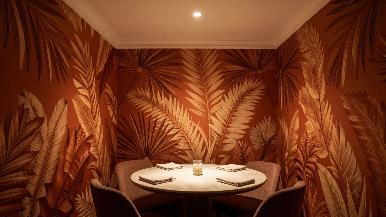 Dining room with bold botanical wallpaper and warm lighting.