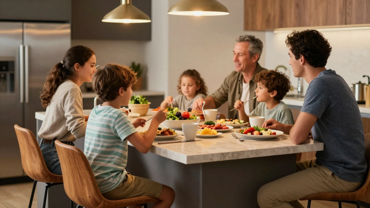 Family eating at a kitchen island with bar stools and pendant lights.