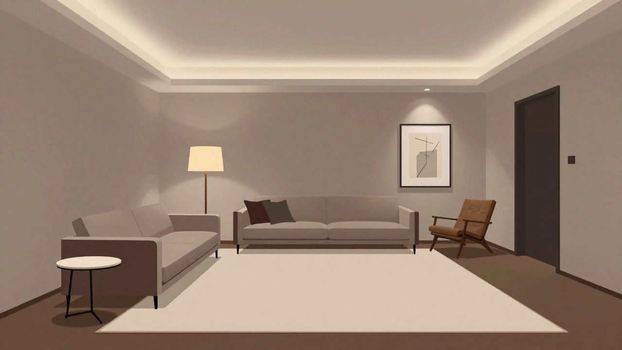 Layered living room design showing sofa placement, rug definition, and three types of lighting creating depth and function.
