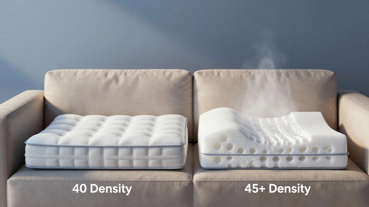 Side-by-side comparison of two sofa foam cushions: one compressed and slow to rebound, the other springing back quickly.