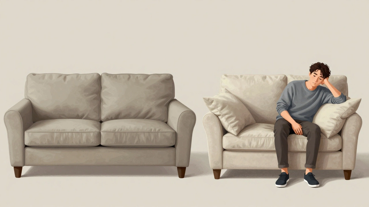 Side-by-side view of properly sized and oversized sofa cushions, highlighting proportion and comfort differences.