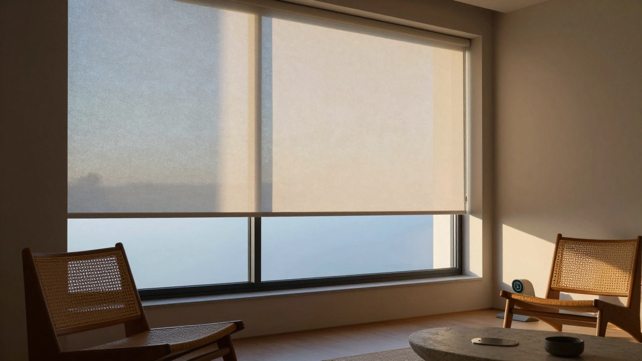 Smart home window shades adjusting automatically to morning light