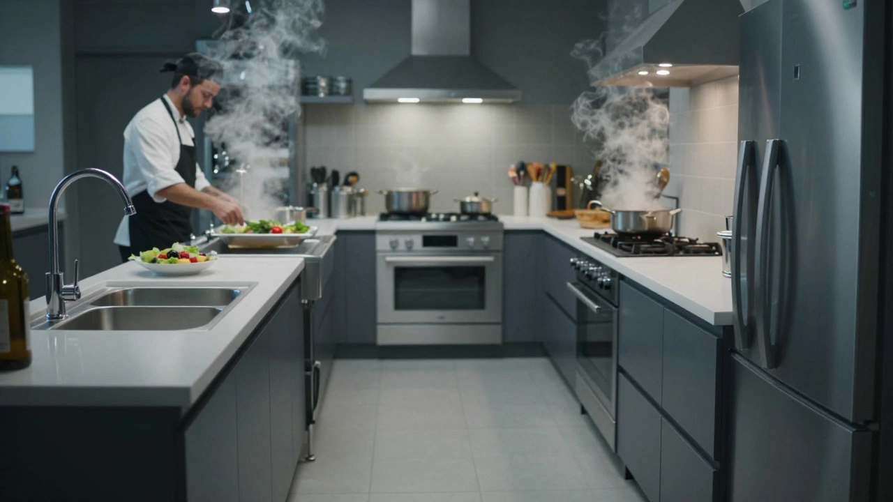 U-shaped kitchen showing efficient workflow between sink, stove, and fridge, chef moving food between zones with clear aisle.