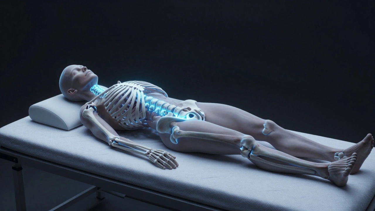 3D anatomical visualization of a skeleton sleeping on its back with knee support