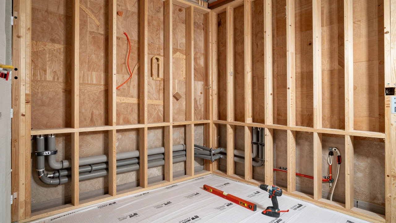A bathroom under construction showing exposed wall studs and plumbing pipes