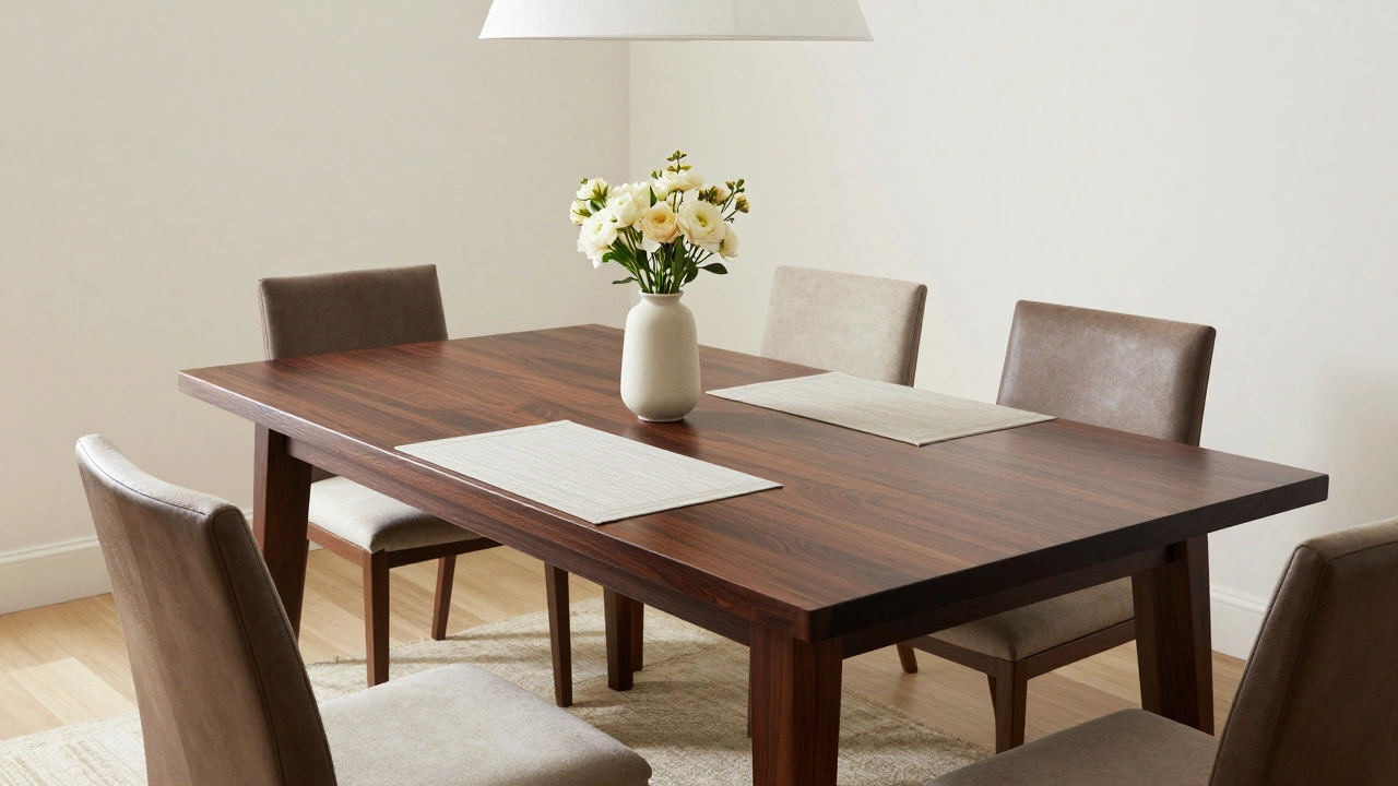 A beautifully refinished dark wood dining table in a bright room