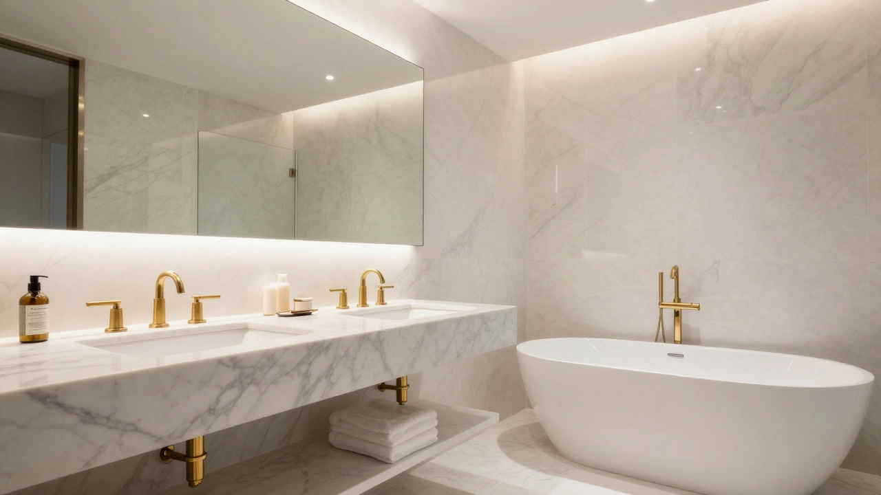 A luxury modern bathroom with marble countertops and gold fixtures